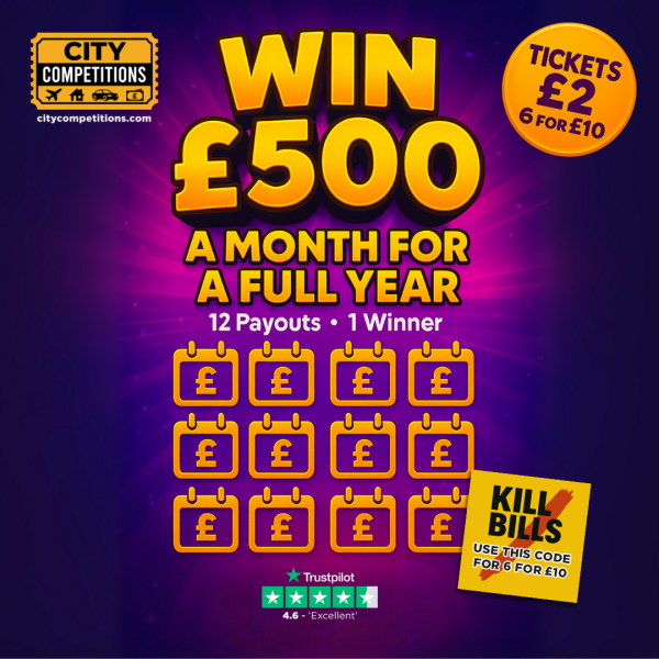 WIN £500 PER MONTH FOR 1 YEAR!  GET 6 TICKETS FOR £10 WITH CODE 'KILLBILLS'